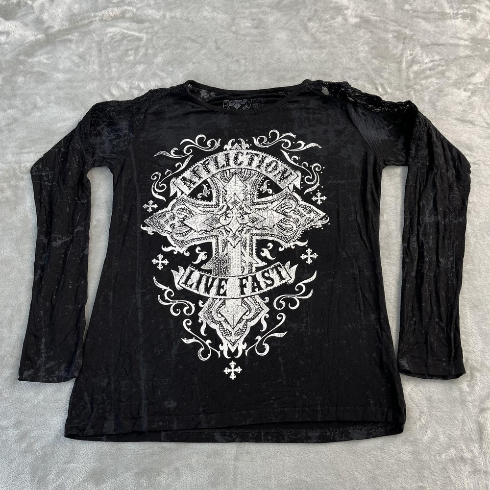 Affliction Shirt Womens Large Black Live Fast‎ Cross Biker Lace Long Sleeve Top